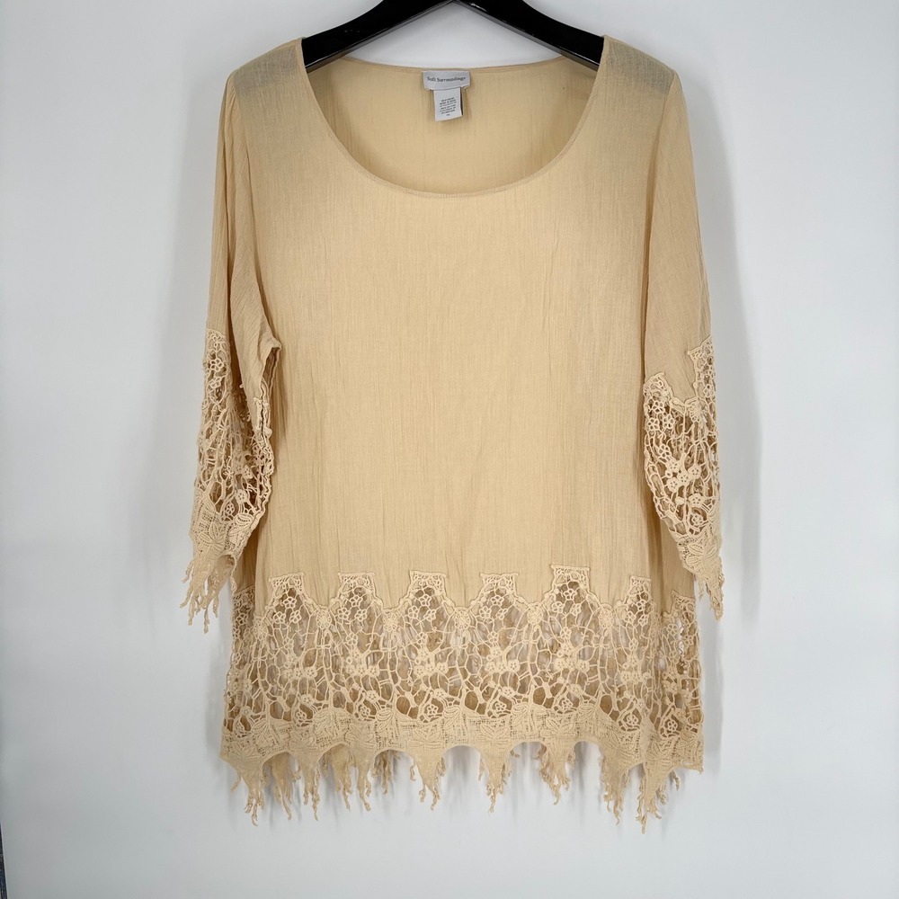 Soft Surroundings Gauze Crochet Lace Trim Top Size XL Cream Coastal Boho Beach
